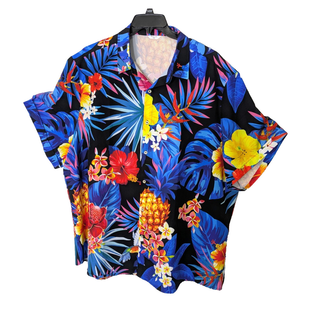 Mens Hawaiian Floral Pineapple Short Sleeve Shirt Blue 3XL Beach Vacation Resort
